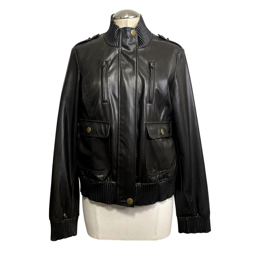 Vtg Y2K H2J Biker Faux Leather Jacket Brown Grunge High Collar Slick Greaser L